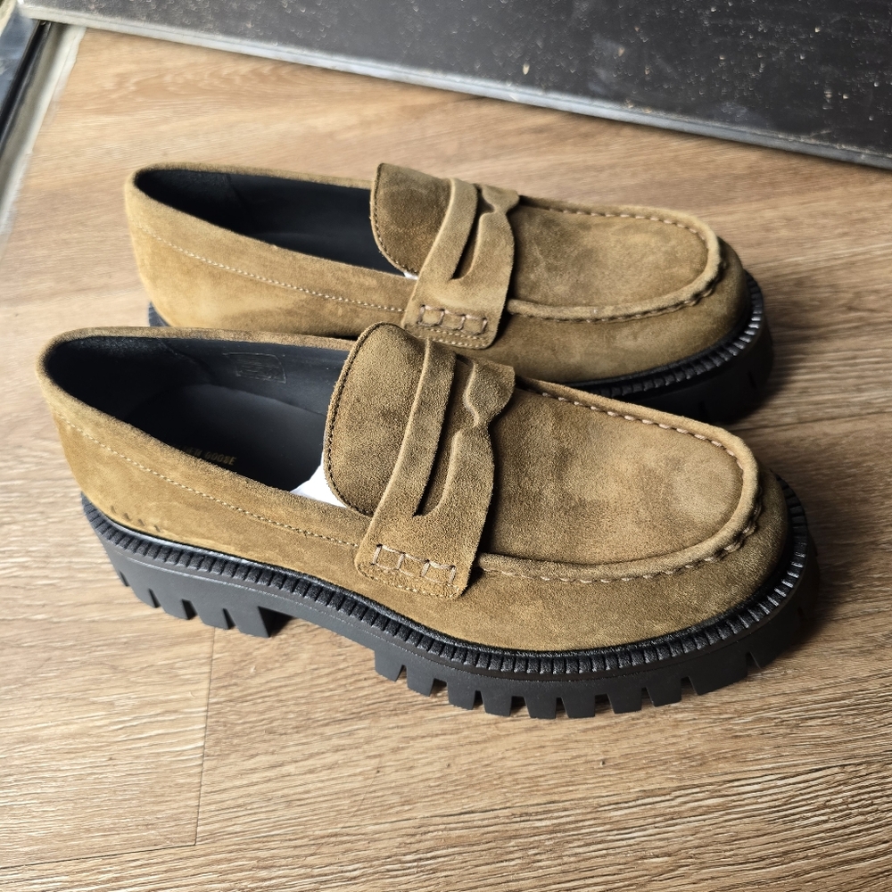 NWT Golden Goose Olive Suede Penny Loafers with Black Lug Sole